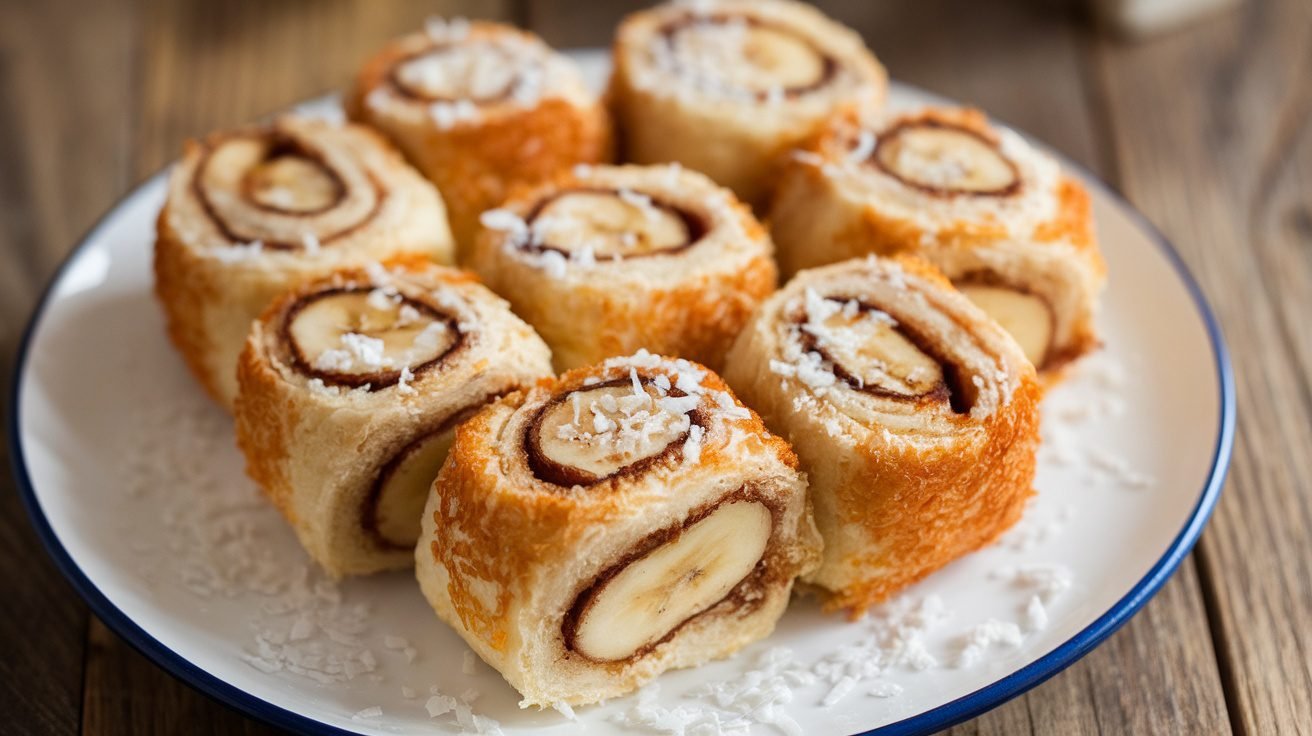 Toasted coconut banana rolls on a plate, garnished with coconut, on a rustic wooden table.