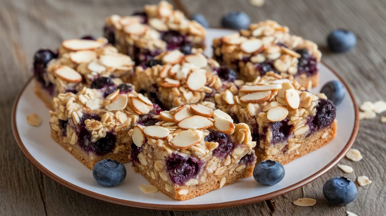 Blueberry almond oat squares on a plate, topped with almonds and fresh blueberries.