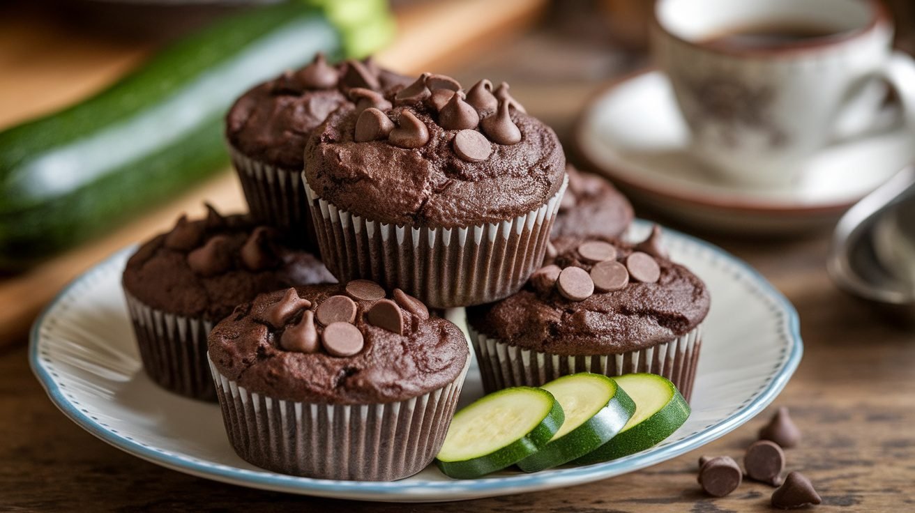 A plate of chocolate zucchini muffins with chocolate chips, garnished with zucchini slices on a rustic wooden table.