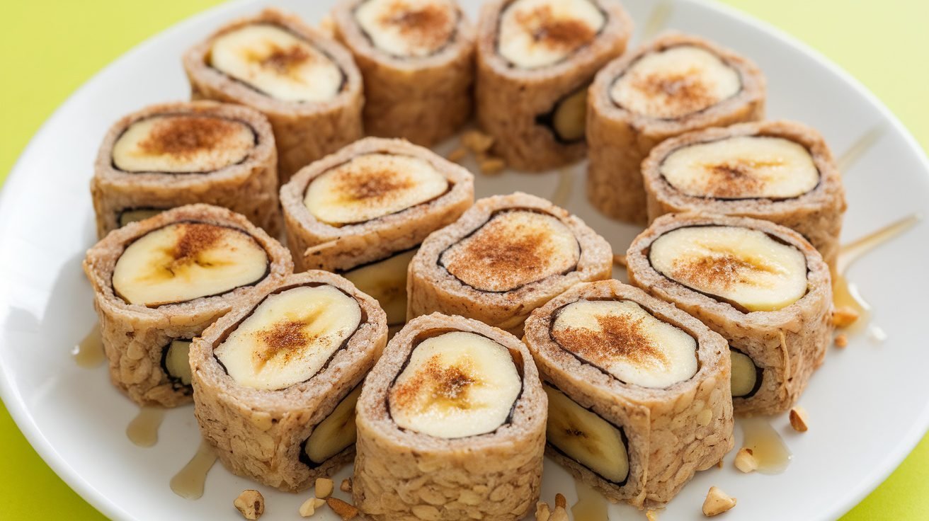 Sliced Cinnamon Banana Sushi Rolls on a plate, garnished with honey and nuts.