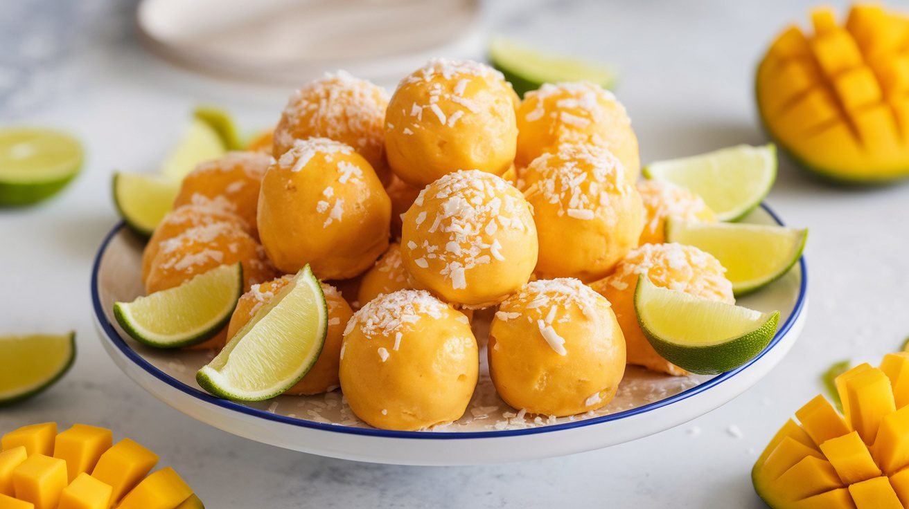 A plate of mango lime protein smoothie bites garnished with coconut, fresh mango slices, and lime wedges.