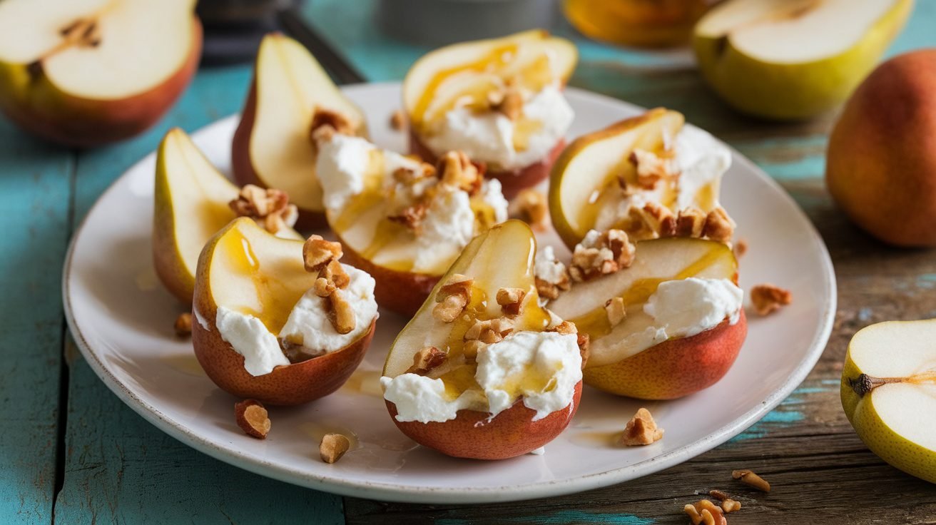 Sliced pears topped with ricotta cheese and honey on a white plate, garnished with nuts.