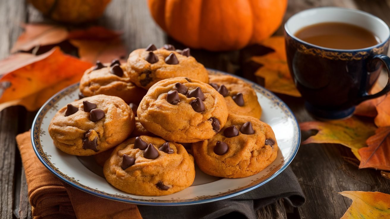A plate of protein-packed pumpkin cookies with chocolate chips, surrounded by autumn decorations.