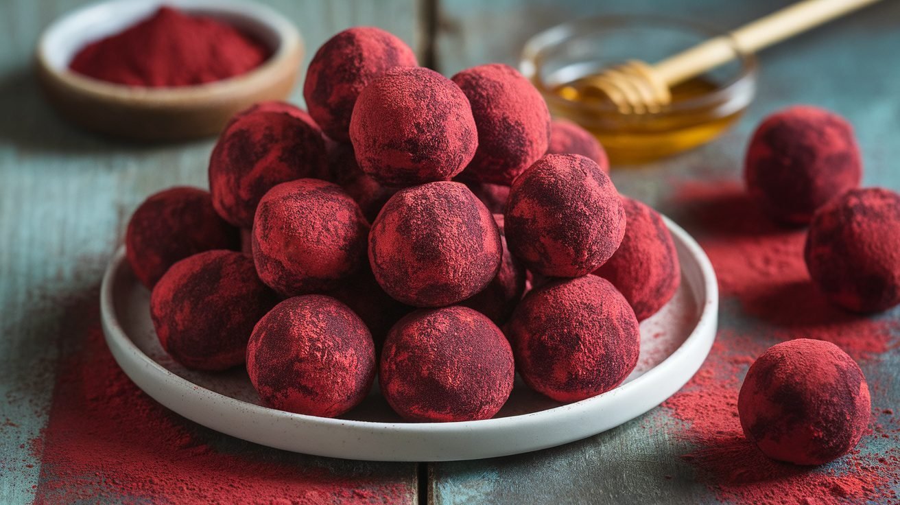 Red velvet protein balls made with beet powder on a white plate, with cocoa powder and honey in the background.