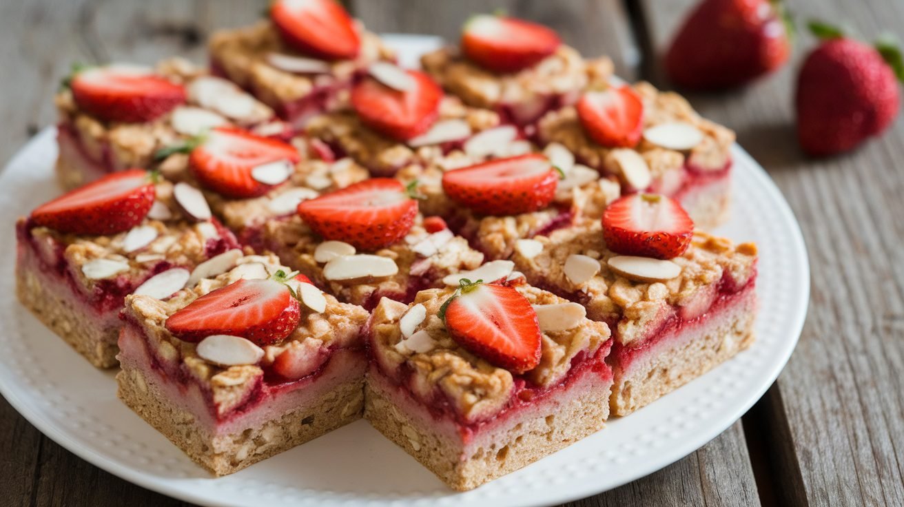 Delicious Strawberry Almond Oat Squares on a plate, garnished with almonds and strawberries.