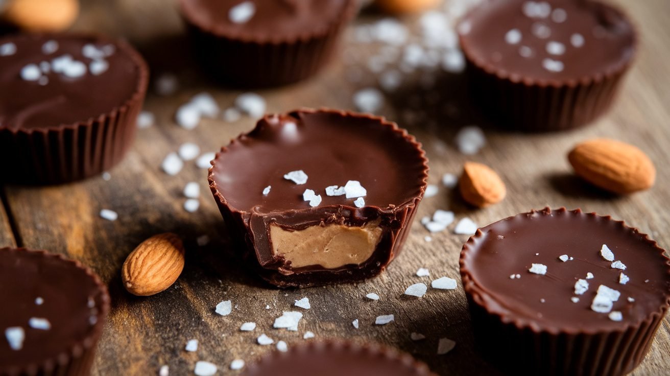Dark chocolate almond butter cups on a wooden table, showcasing a creamy filling and topped with sea salt.