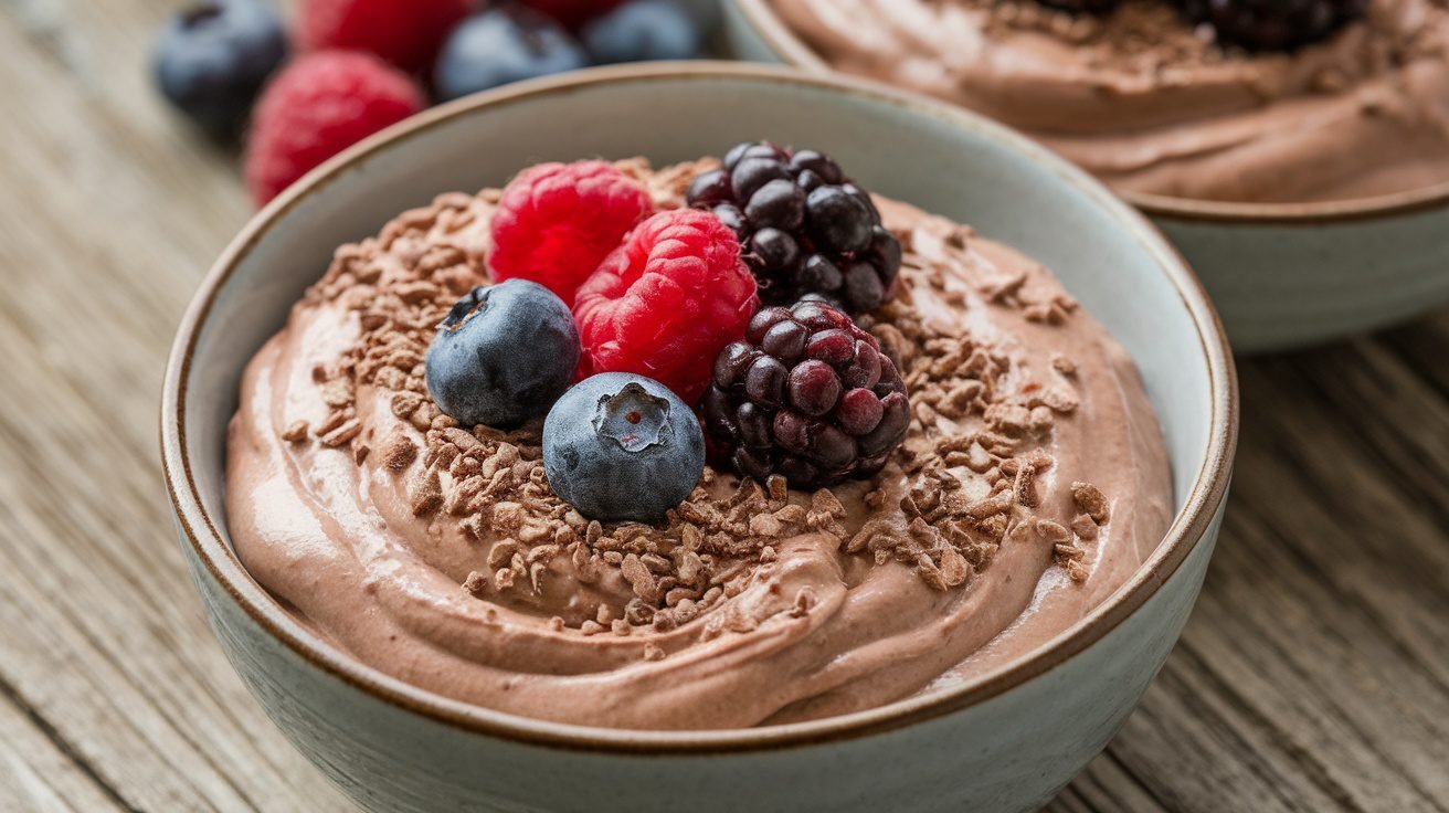 A bowl of cacao nib yogurt mousse topped with berries and cacao nibs on a rustic wooden table.