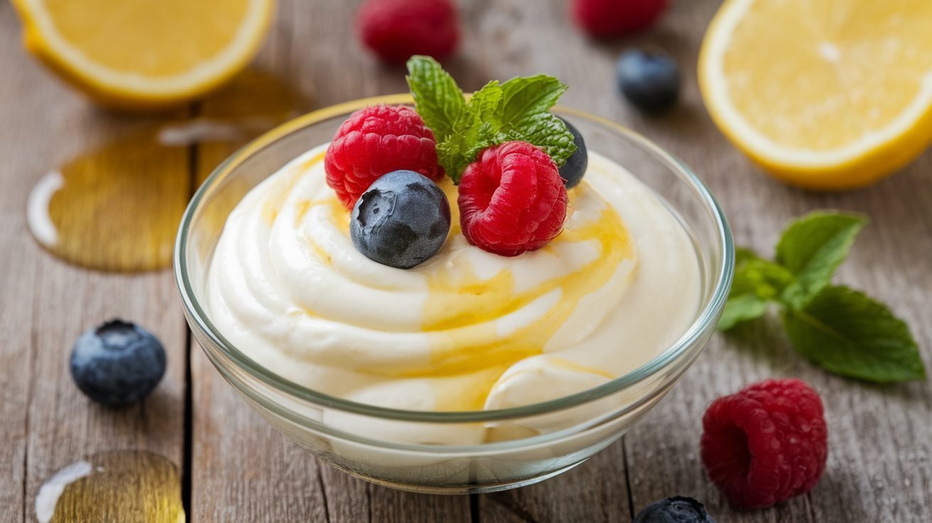 A bowl of honey-lemon yogurt mousse garnished with berries and mint leaves on a rustic table.