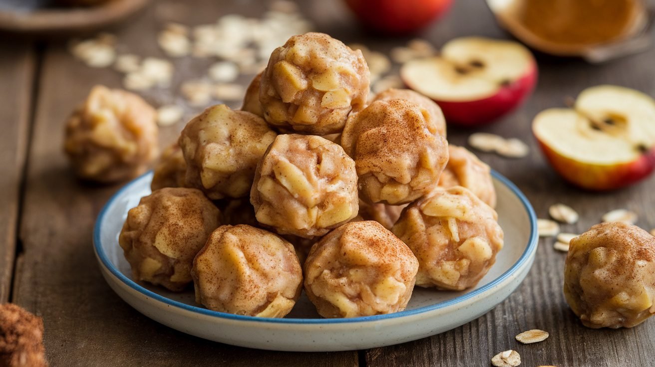 A plate of apple pie energy balls with dried apples and oats on a wooden table.