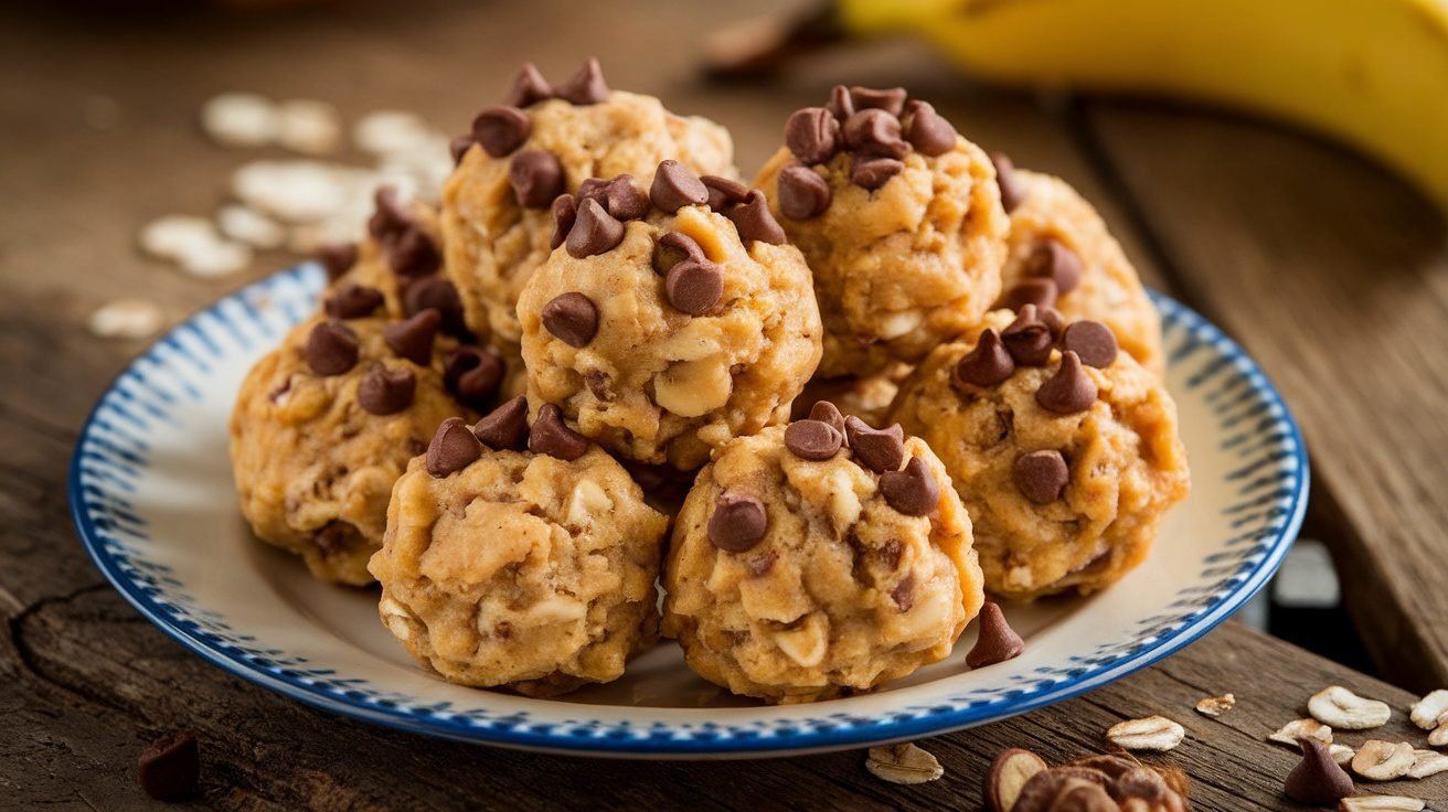 A plate of healthy Cashew Banana Cookie Dough Balls with chocolate chips on a wooden table.