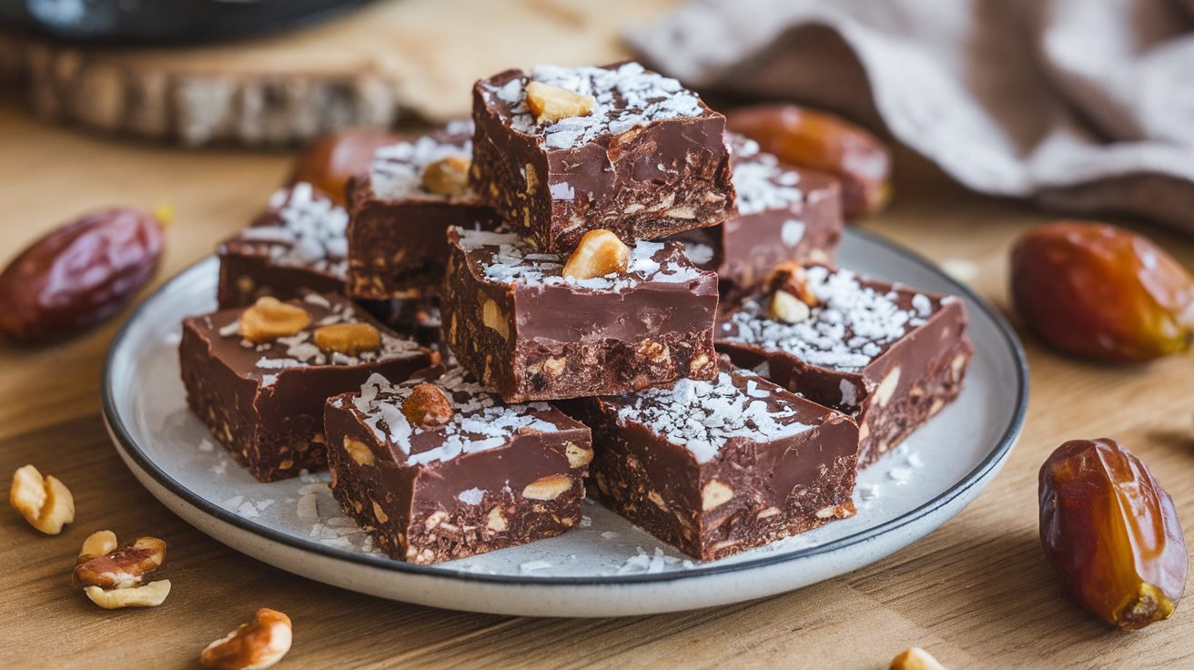 Chocolate Coconut Date Bars on a plate, garnished with shredded coconut and surrounded by dates and nuts.