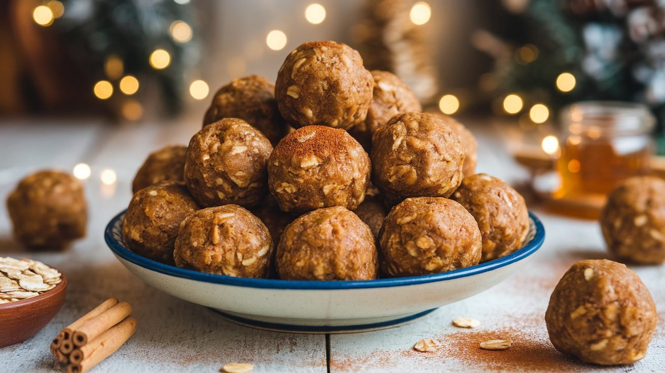 A plate of gingerbread energy balls on a wooden table, with oats and honey in the background.