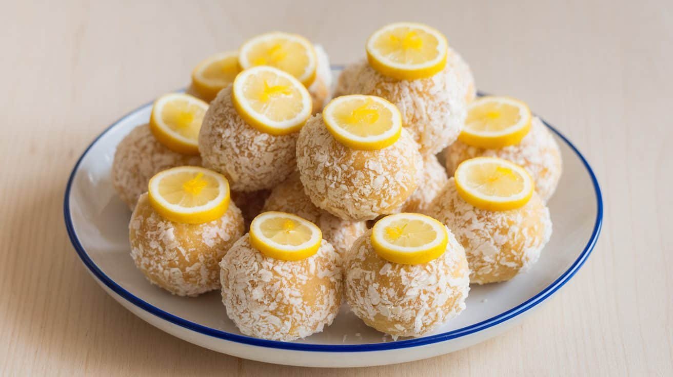 A plate of lemon coconut bliss balls rolled in coconut, garnished with lemon slices and zest.