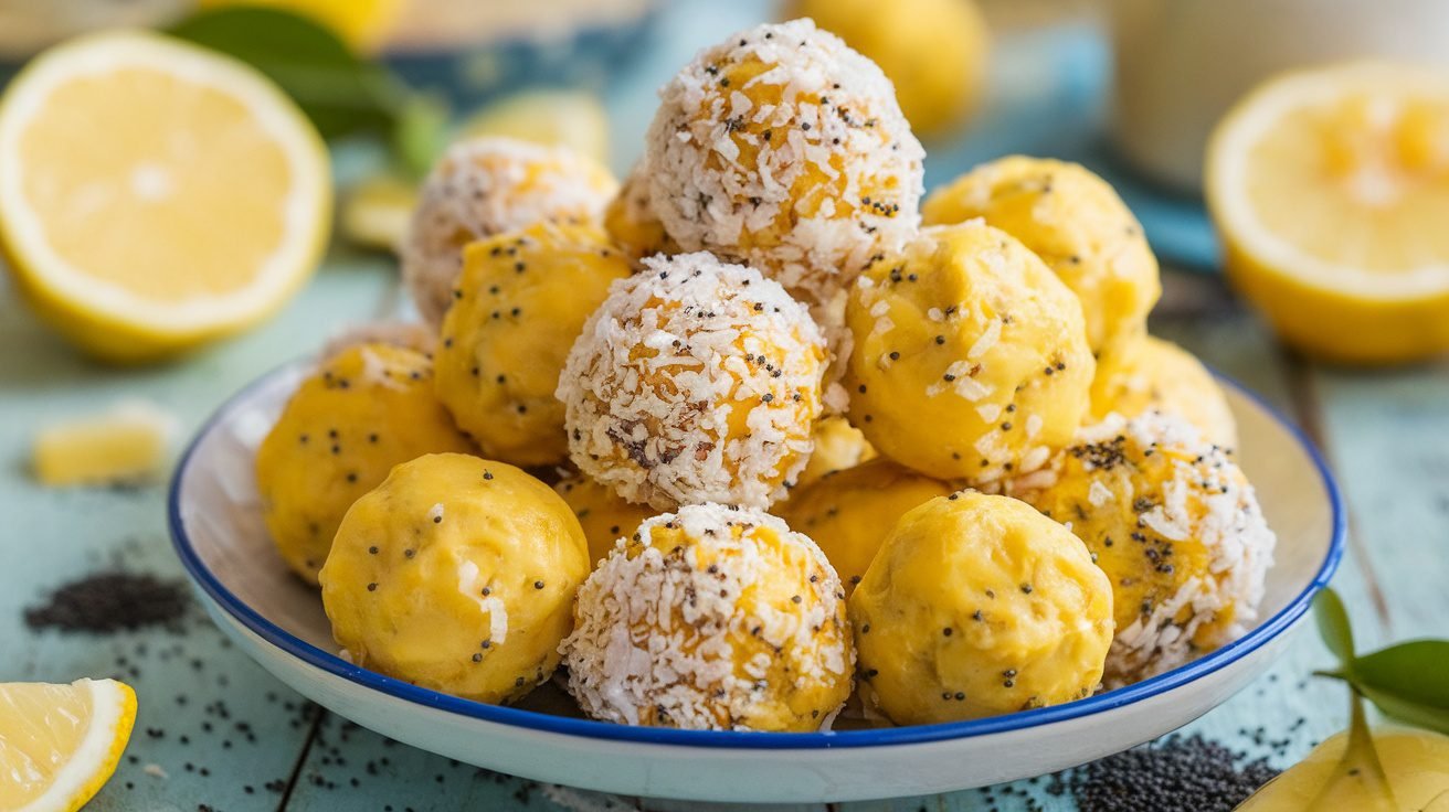 A plate of lemon poppy seed protein balls rolled in coconut, with lemon slices and poppy seeds on a wooden table.