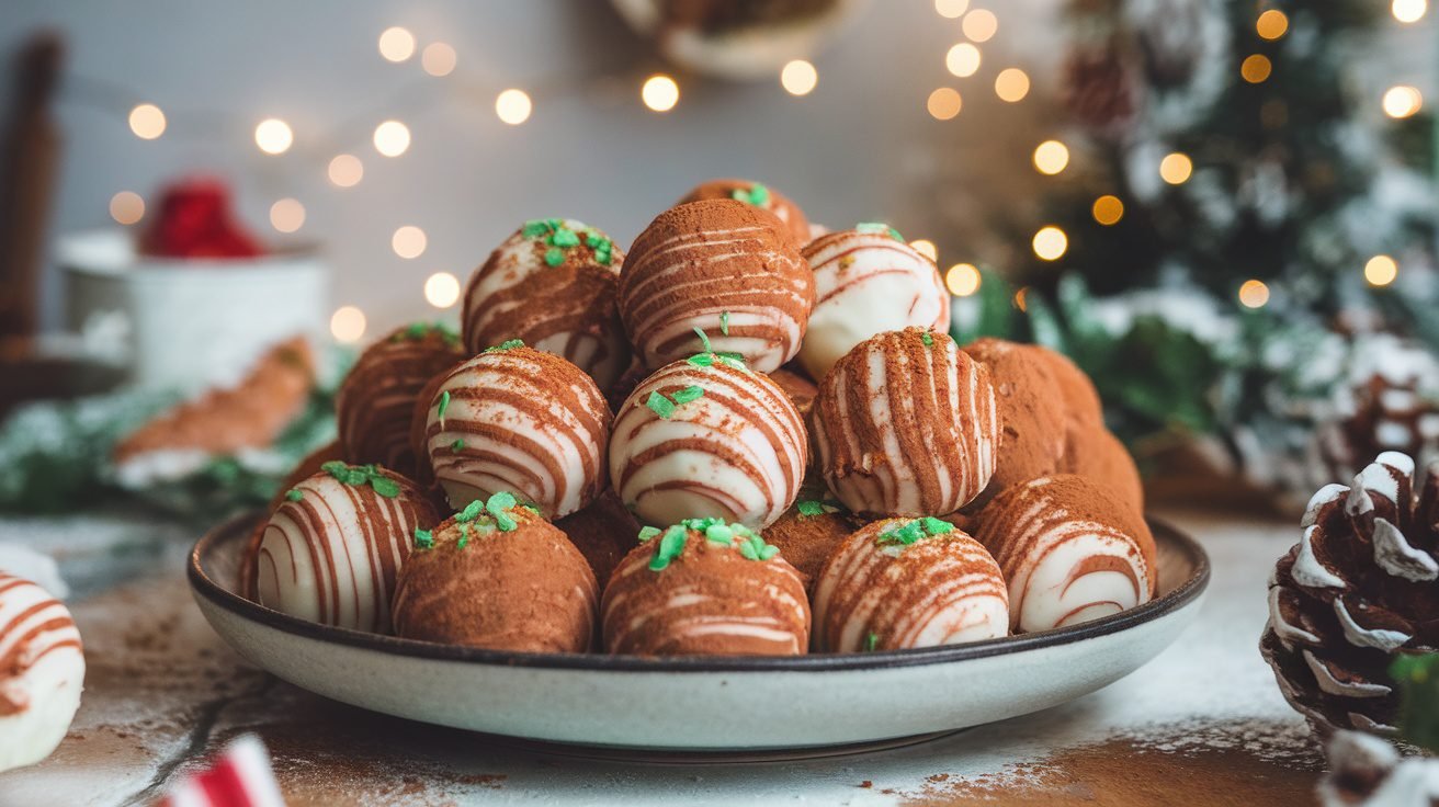 A plate of no-bake peppermint protein truffles coated in cocoa powder, set in a cozy kitchen.