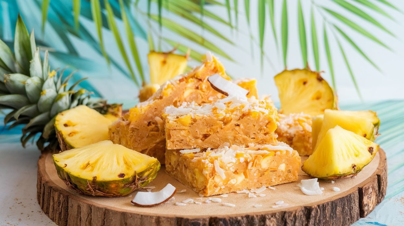 Homemade pineapple coconut protein bars on a wooden board, garnished with pineapple slices and coconut flakes.