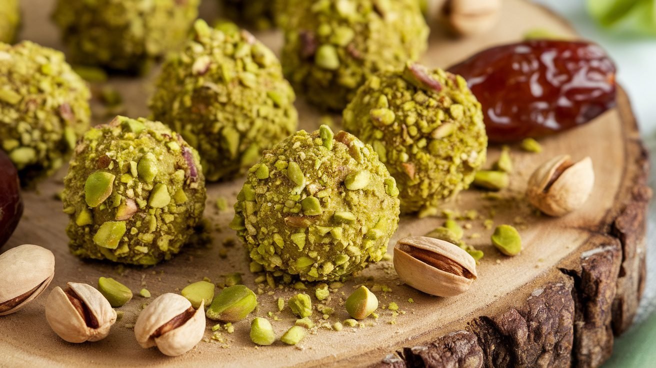 Pistachio date bites rolled in crushed pistachios on a wooden platter, with whole pistachios and dates around.