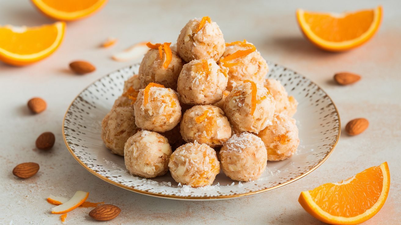 A plate of no-bake Vanilla Orange Almond Balls rolled in shredded coconut, with almonds and orange slices for garnish.