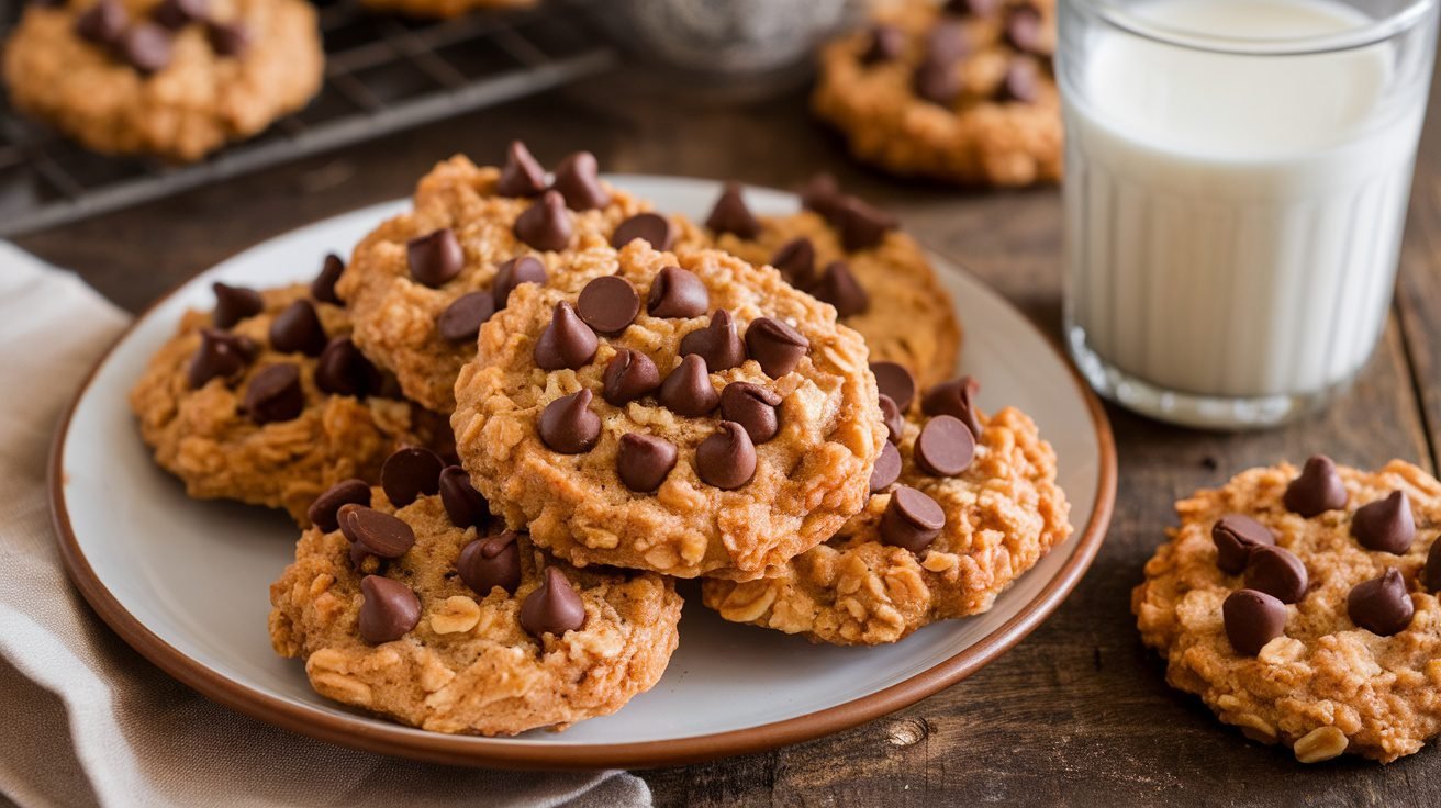 A plate of almond butter oat cookies with chocolate chips on a wooden table.