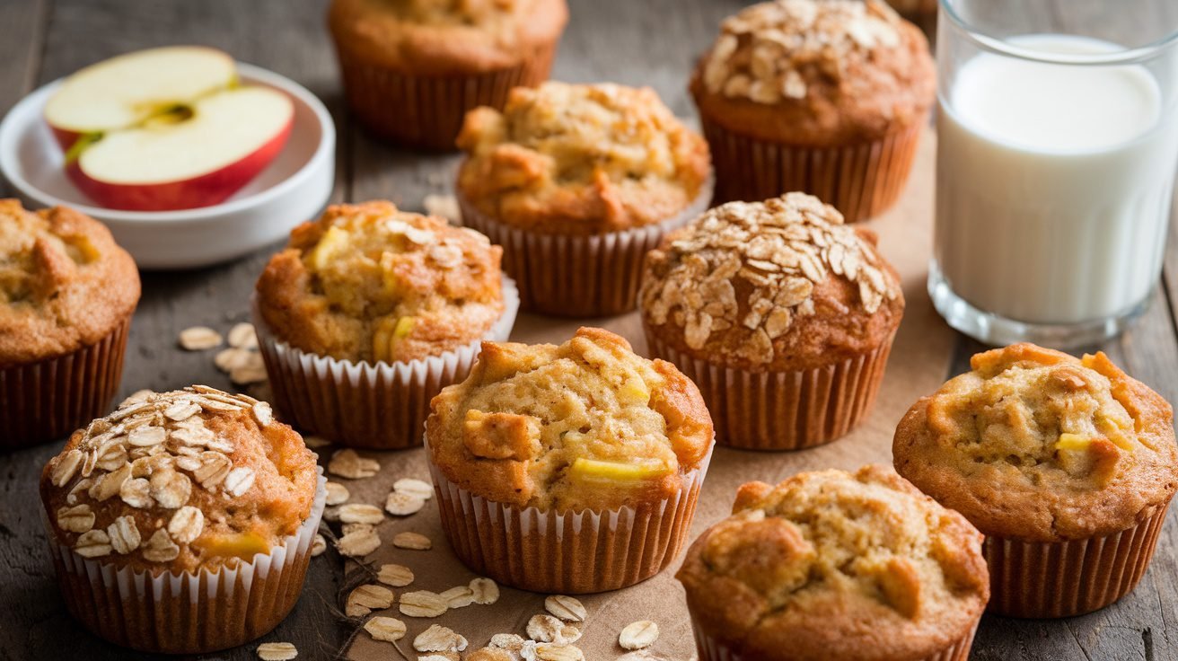Freshly baked apple oat muffins on a wooden table with apple slices and a glass of milk.