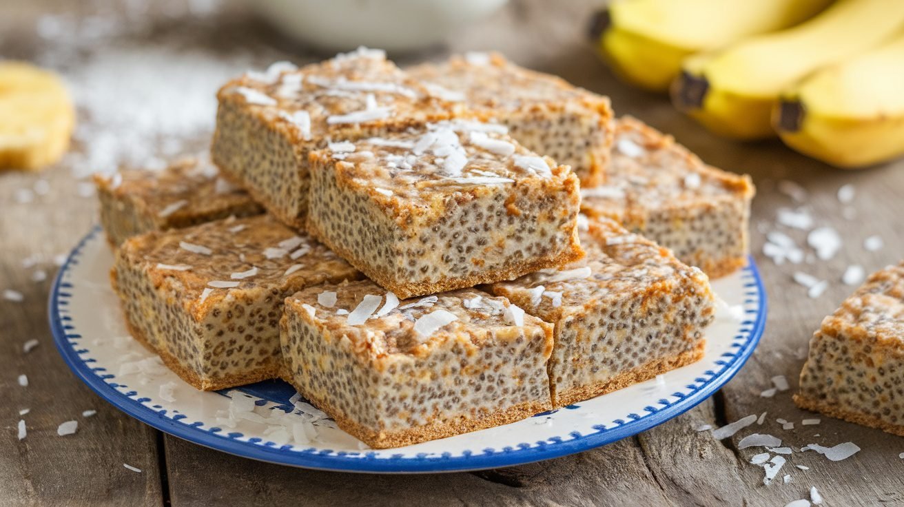 A plate of Banana-Coconut Chia Bars cut into squares, surrounded by fresh bananas and shredded coconut.