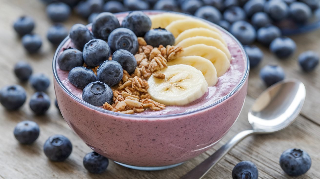 A colorful blueberry protein smoothie bowl with toppings of blueberries and banana, on a wooden table.