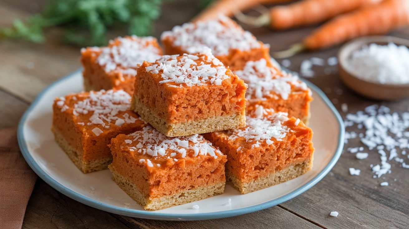 Carrot coconut protein squares on a plate, garnished with shredded coconut, surrounded by whole carrots.