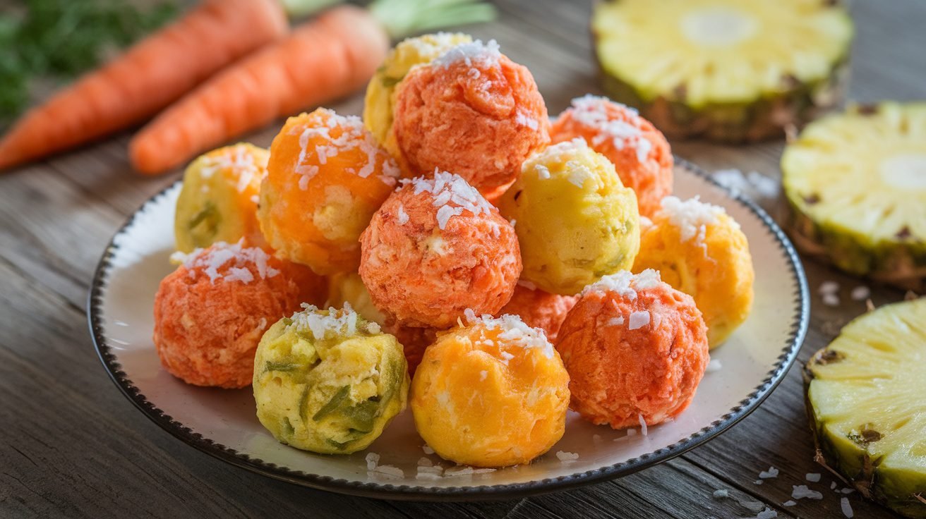 A plate of healthy Carrot Pineapple Bites, garnished with coconut, on a wooden table with carrots and pineapple.