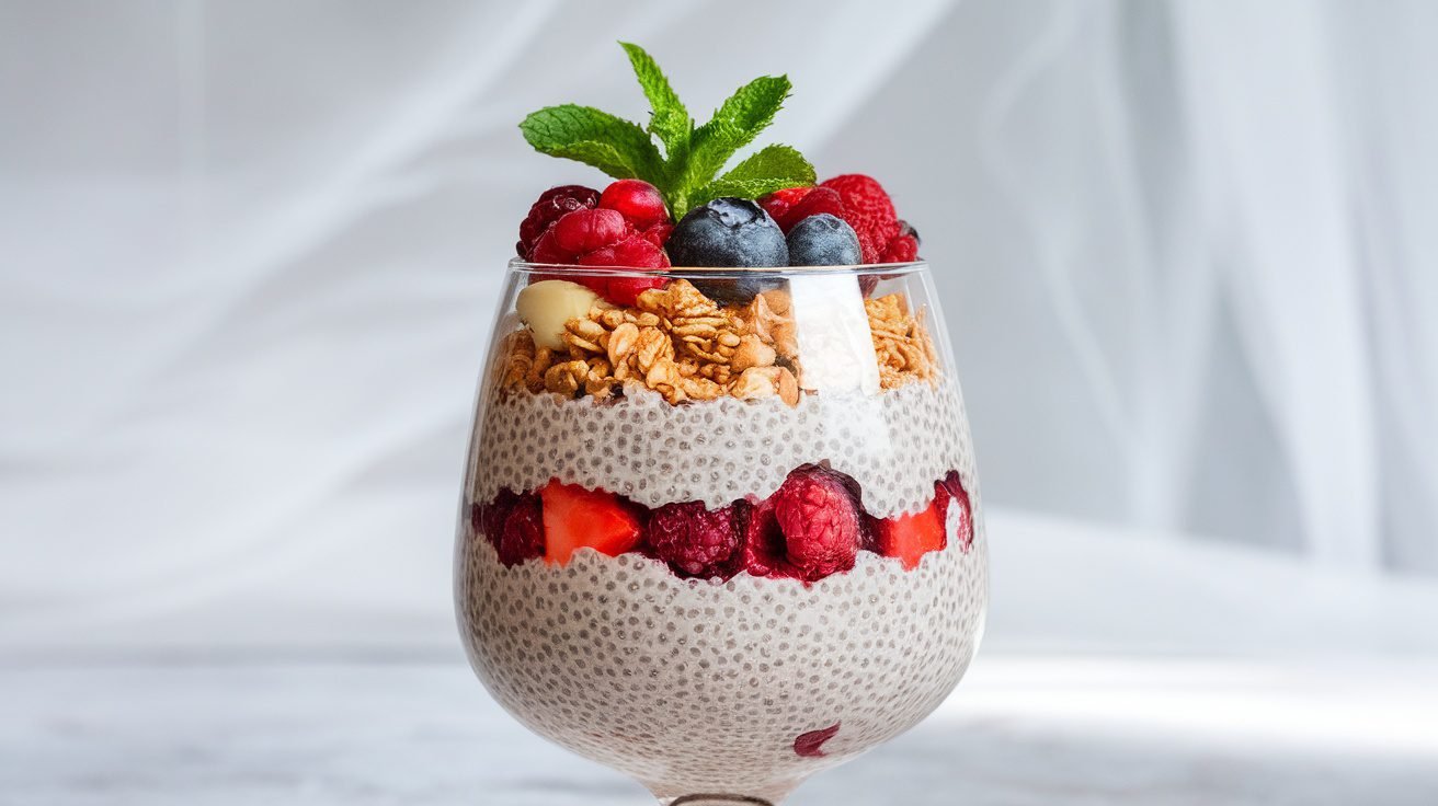 Chia pudding parfait with layers of chia seeds, granola, and mixed berries in a glass, garnished with mint.