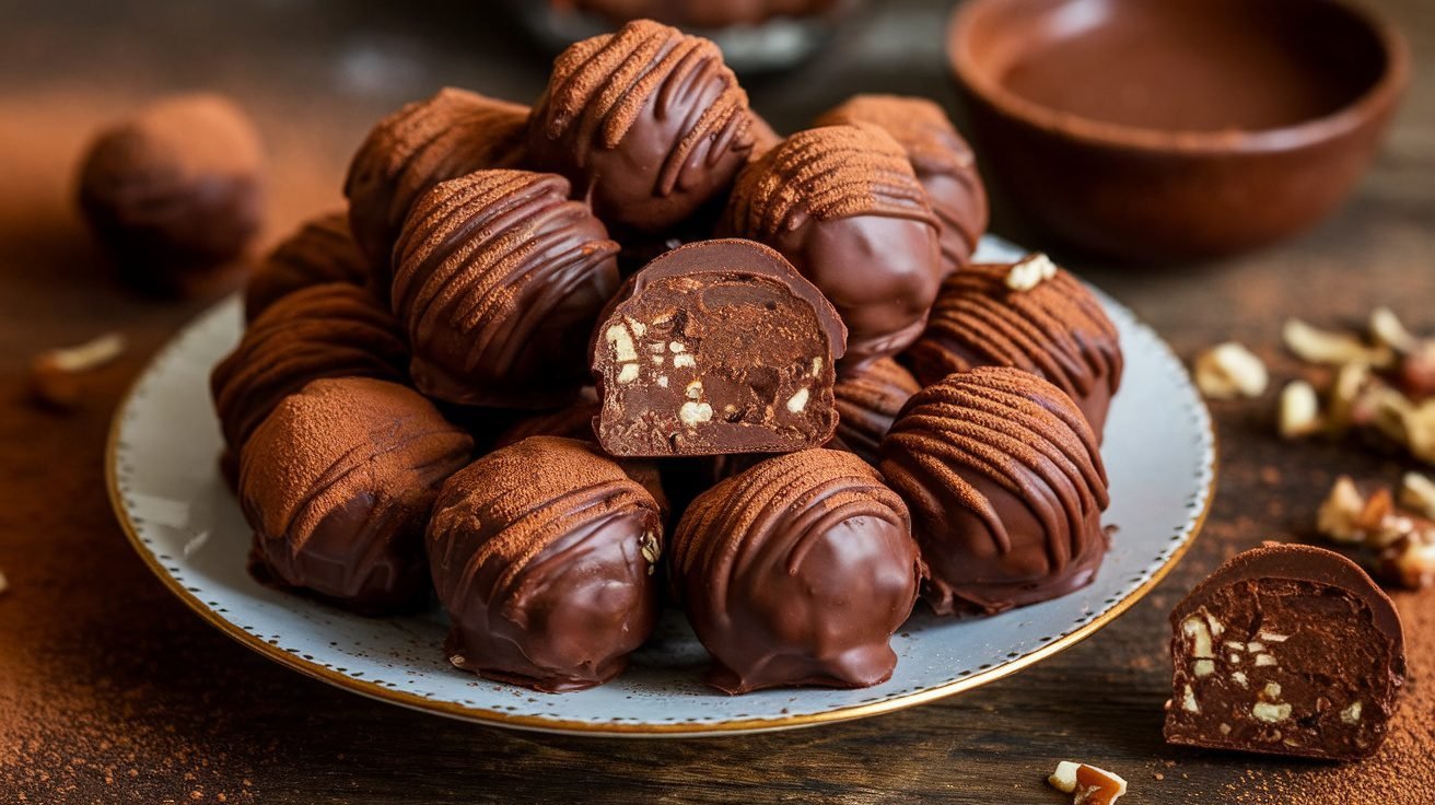 Chocolate chickpea truffles on a plate, dusted with cocoa powder and nuts, with melted chocolate in the background.
