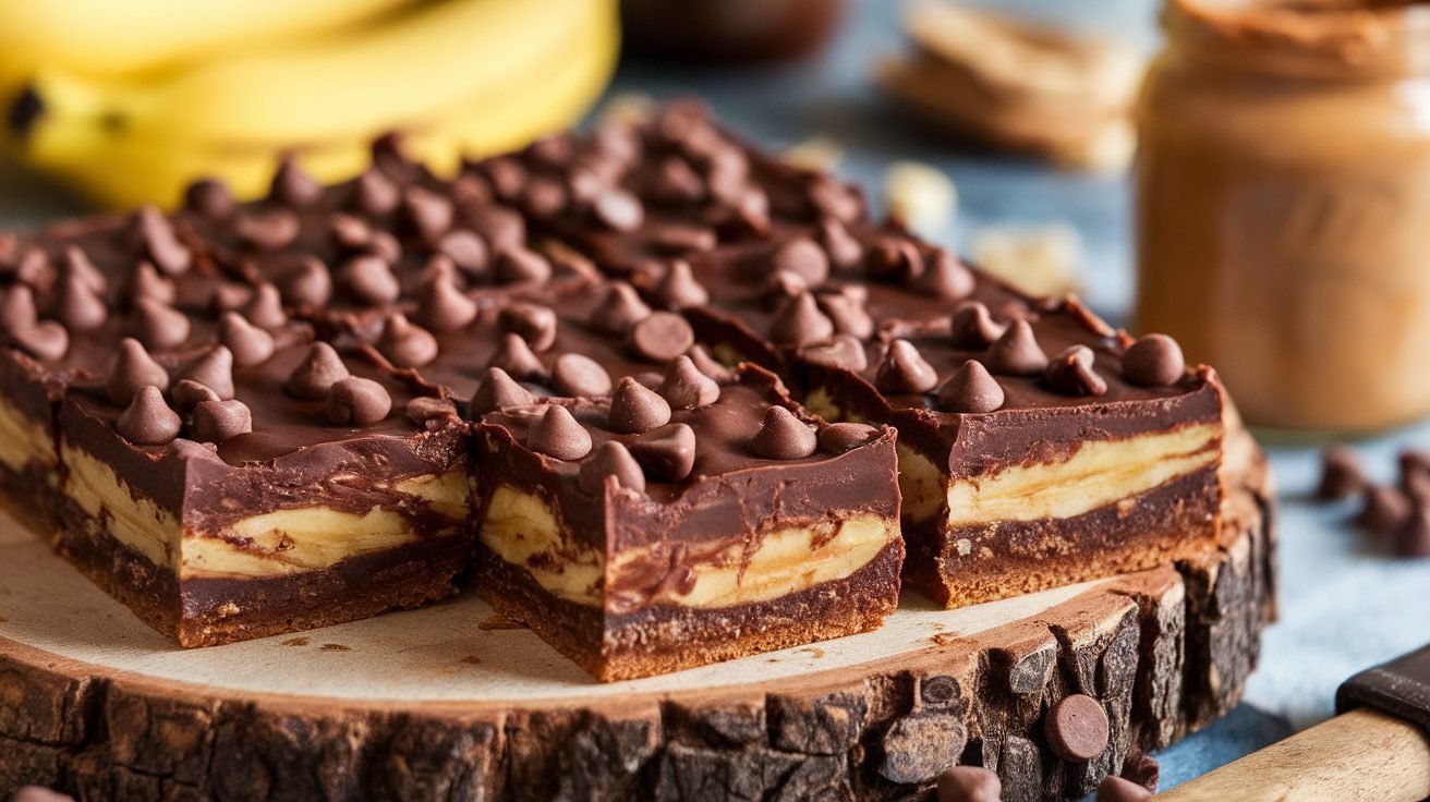 Chocolate peanut butter banana bars cut into squares on a wooden board, with bananas and peanut butter in the background.