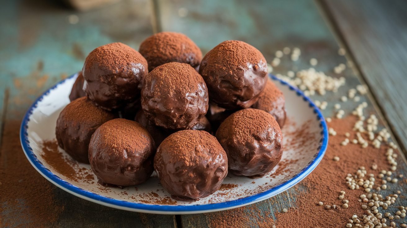 A plate of chocolate quinoa bites, round and glossy, garnished with cocoa powder on a rustic wooden table.