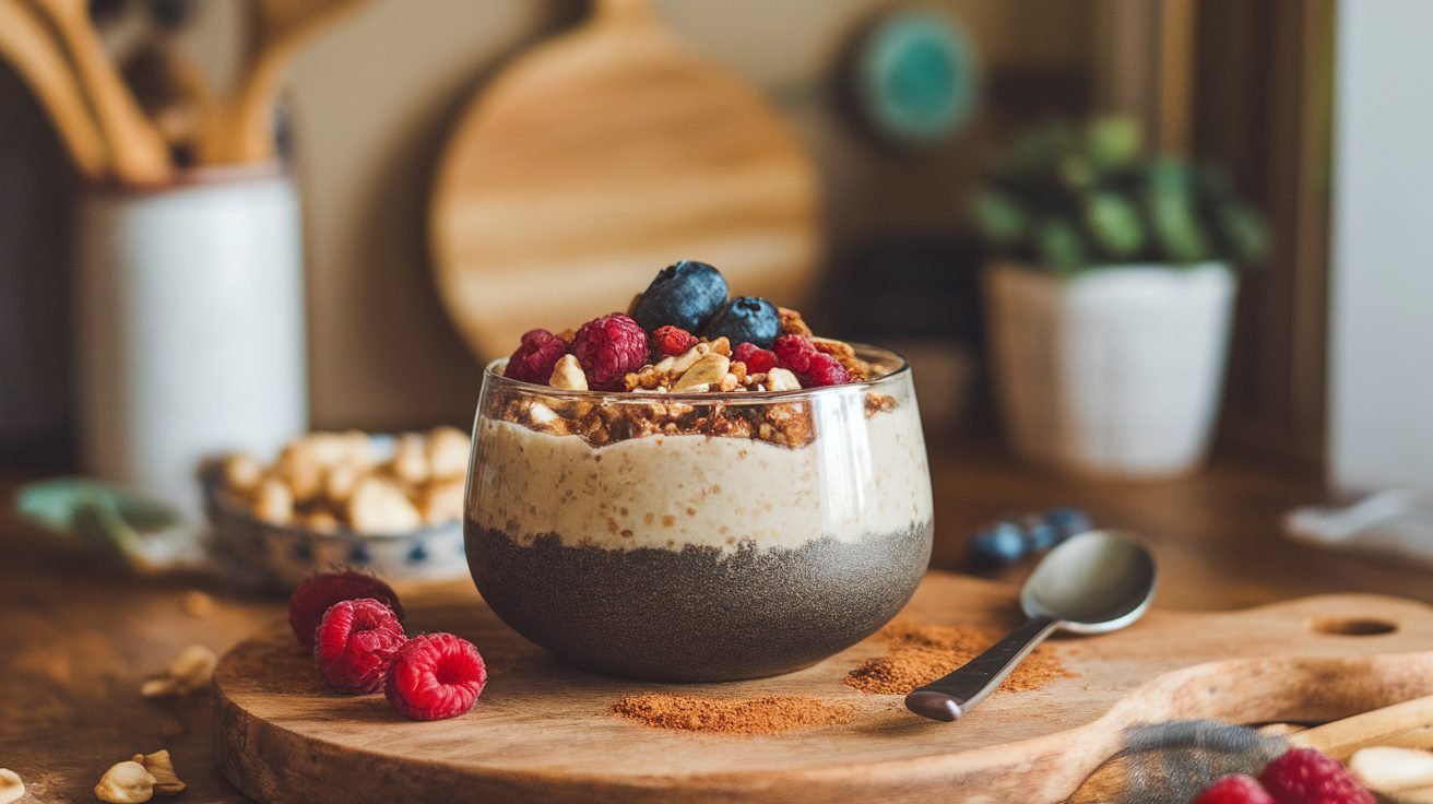 A bowl of cinnamon quinoa pudding topped with nuts and berries, served in a rustic kitchen setting.