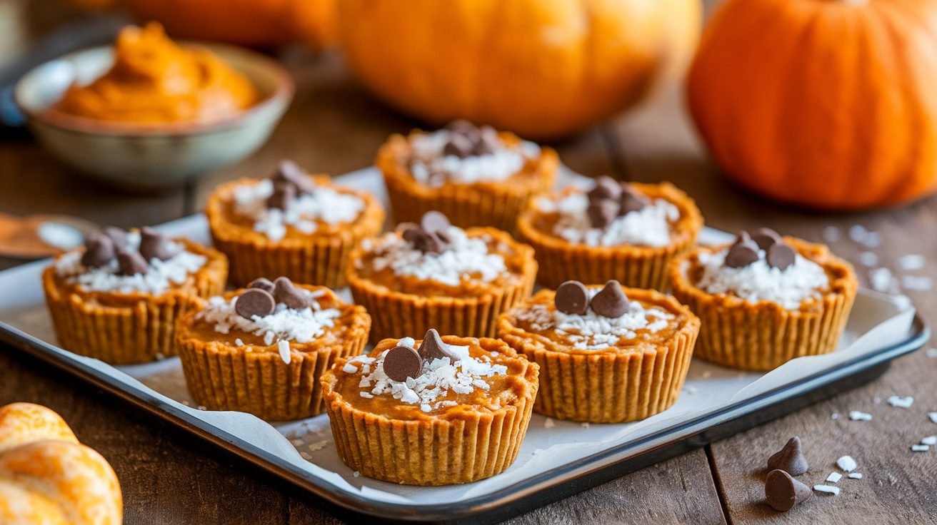 Baked coconut pumpkin oat cups on a wooden table, topped with coconut and chocolate chips, surrounded by pumpkins.
