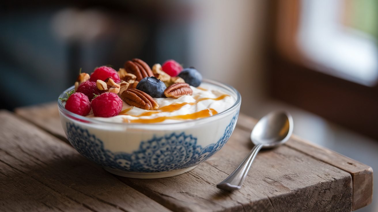 Maple pecan yogurt bowl with pecans, berries, and maple syrup on a wooden table.