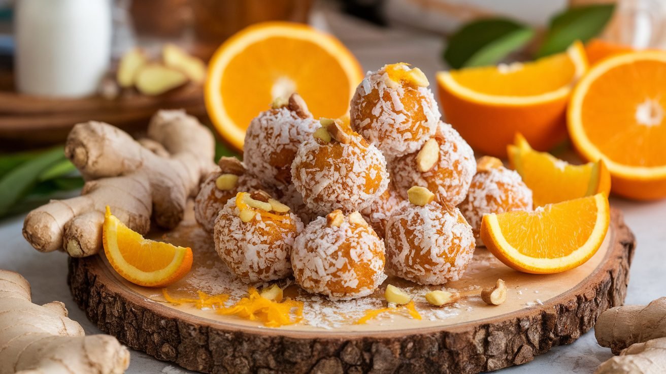 Orange ginger energy balls on a wooden board, garnished with coconut and nuts, with fresh ginger and orange zest.