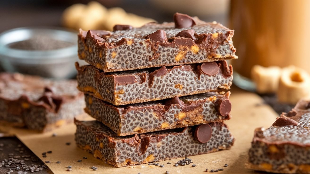 Stack of peanut butter chocolate chia bars with chia seeds and chocolate chips on a wooden surface.