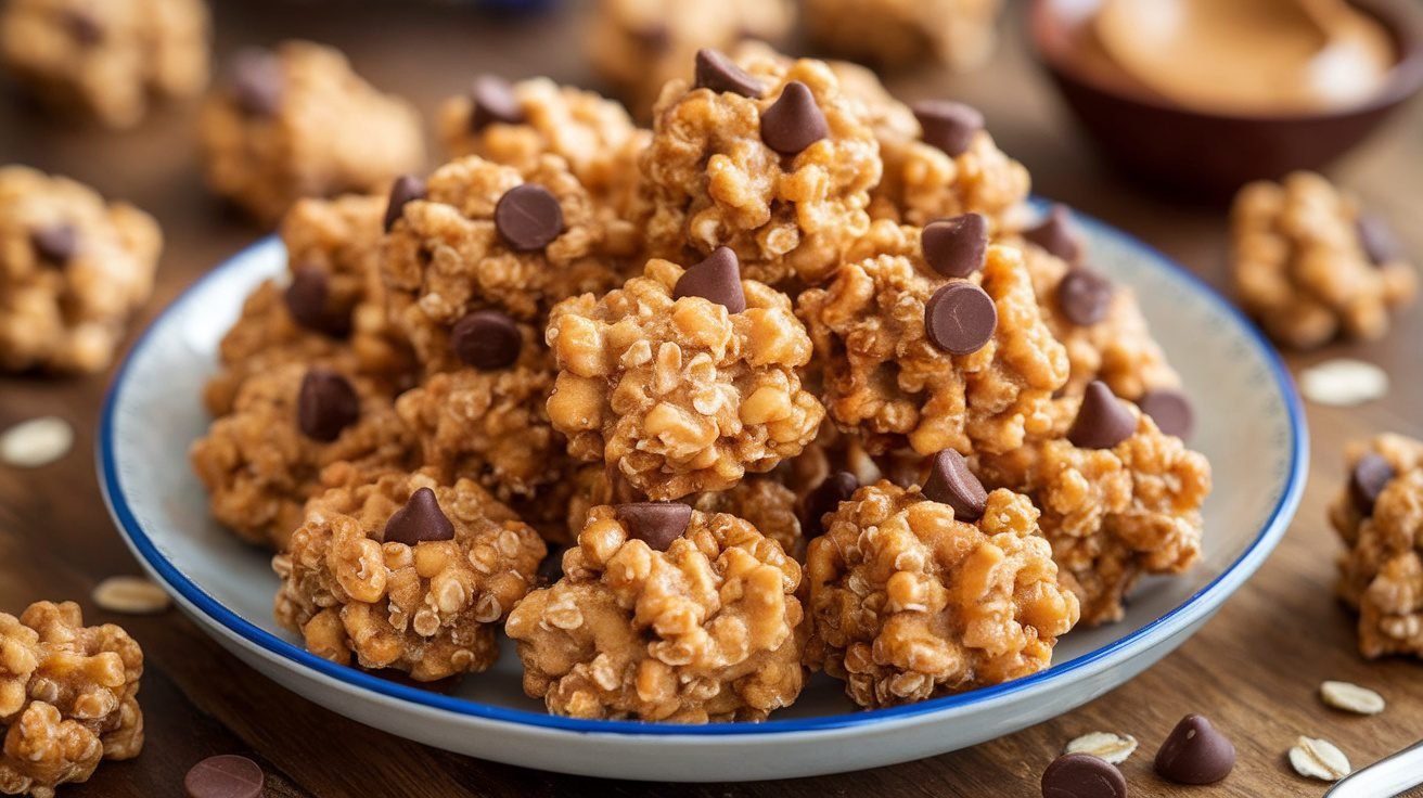 Peanut butter quinoa clusters on a plate, garnished with chocolate chips, on a wooden table.