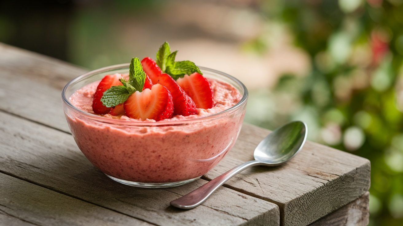 Strawberry quinoa pudding in a bowl, garnished with strawberries and mint, on a wooden table.