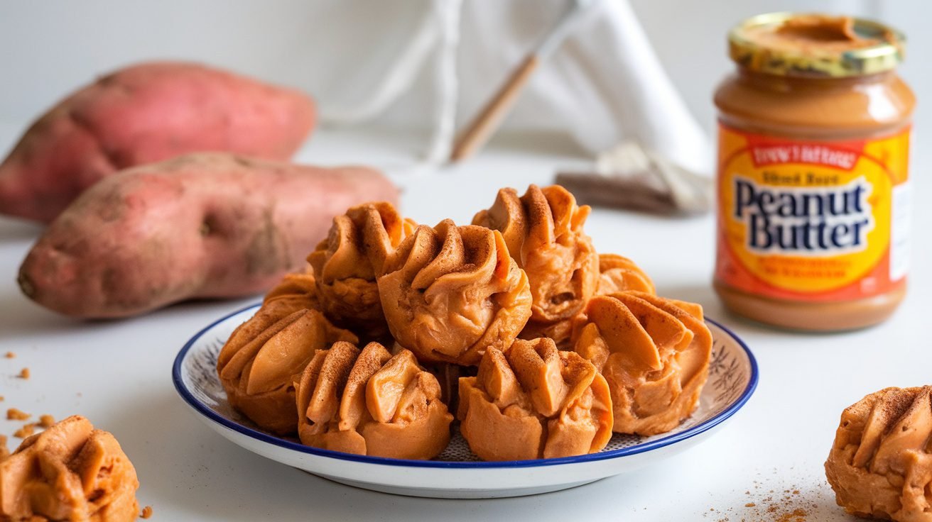 A plate of healthy sweet potato and peanut butter bites, garnished with cinnamon, with sweet potatoes and peanut butter in the background.