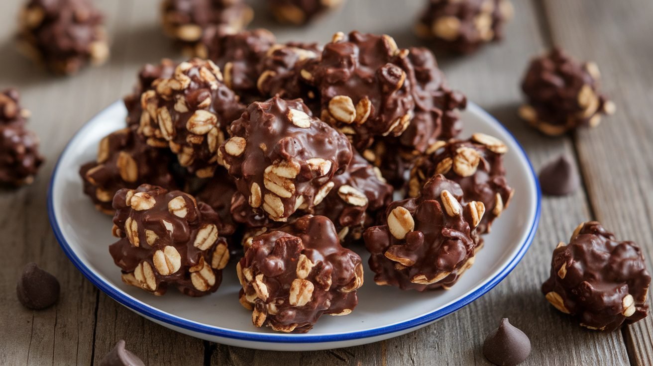 No-bake chocolate oat clusters on a plate, surrounded by chocolate chips on a wooden table.