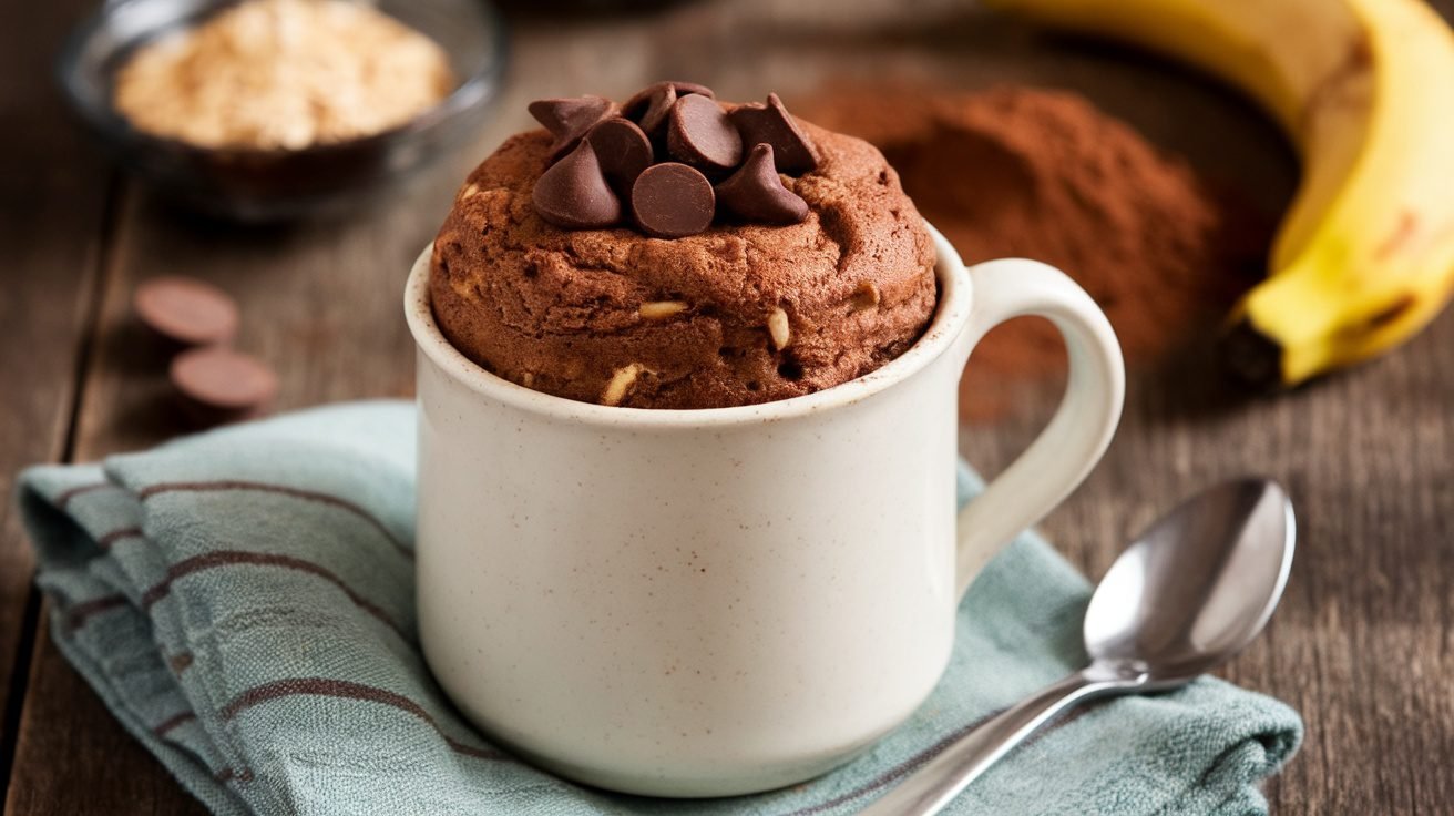 Chocolate banana oat mug cake in a white mug with melted chocolate chips on top, surrounded by a banana and cocoa powder.