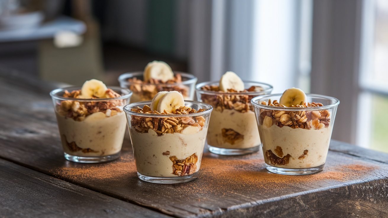 Cinnamon banana pudding cups topped with granola and banana slices on a wooden table.