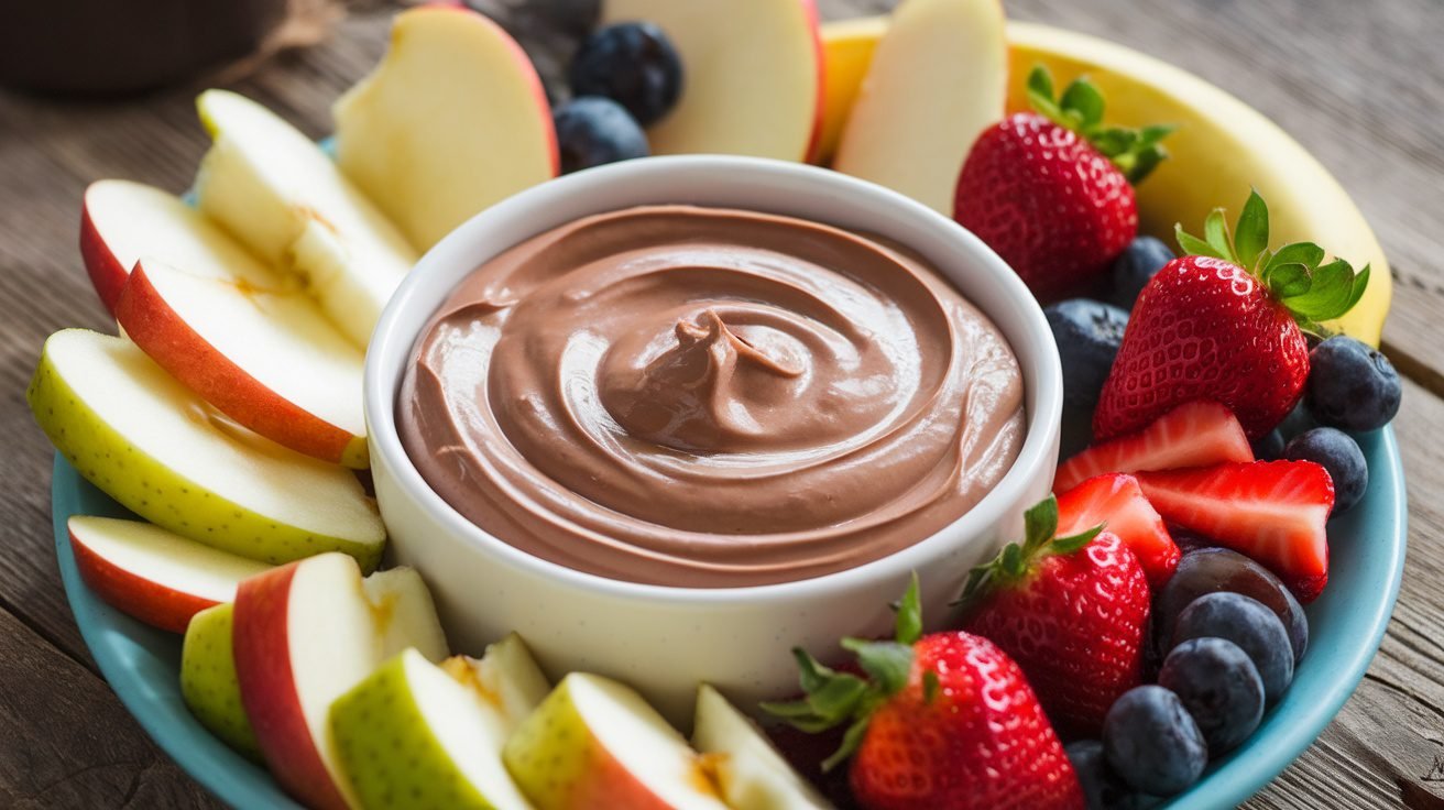 Peanut butter chocolate yogurt dip in a bowl with fresh fruits for dipping on a rustic table.