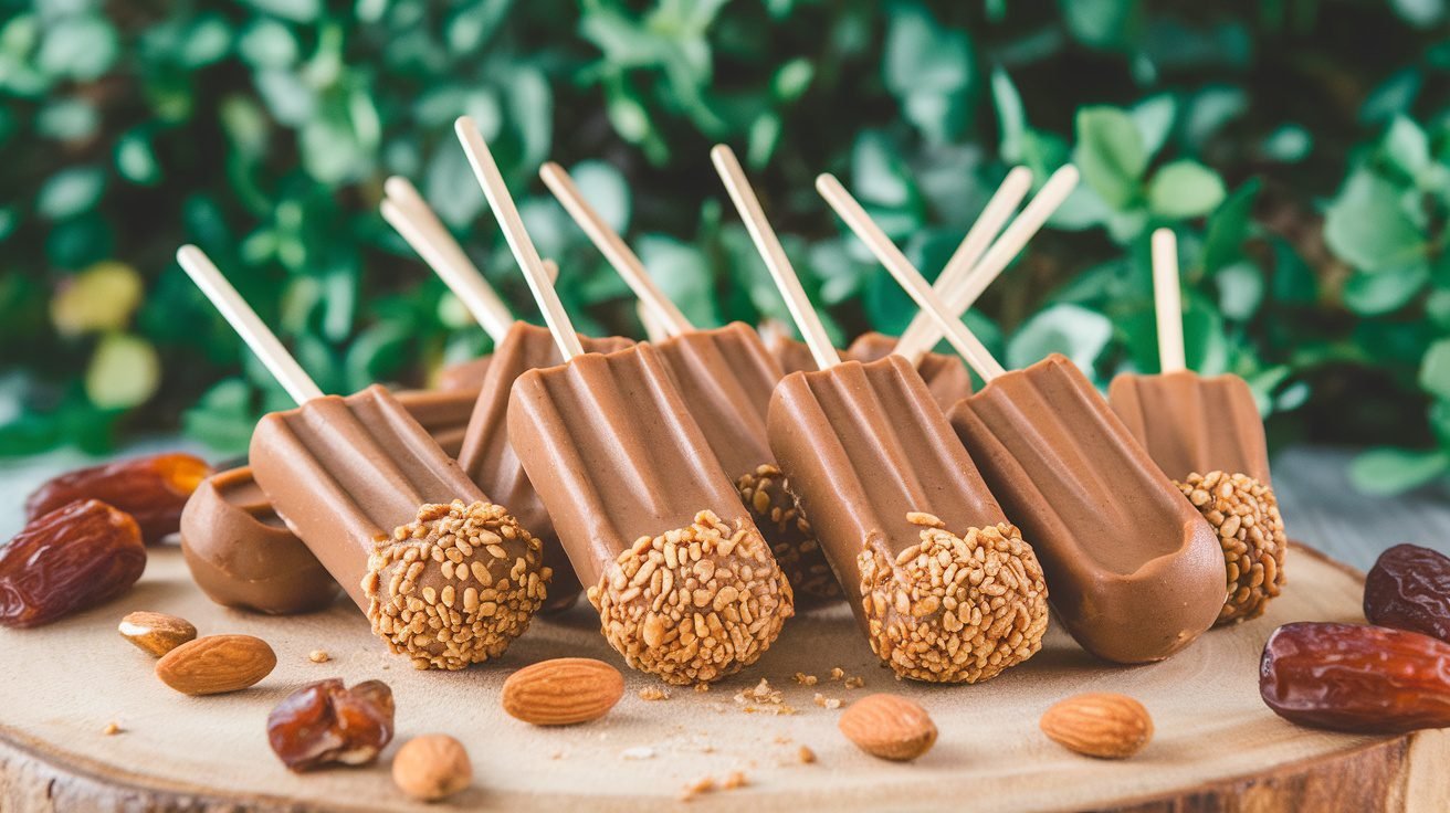 Almond butter and date smoothie pops on a wooden surface with dates and almonds.