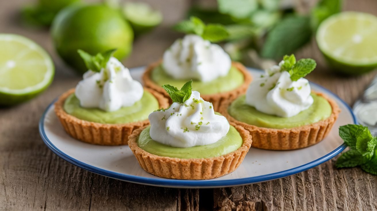 Avocado key lime mini tarts on a plate, garnished with whipped cream and key lime zest, with fresh limes in the background.