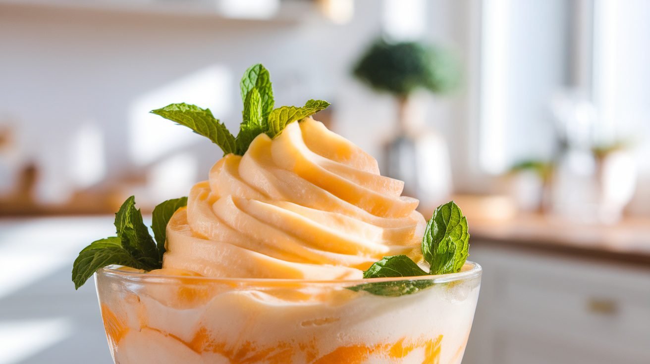 Chilled cantaloupe cream dessert in a bowl, garnished with mint leaves, in a bright kitchen.