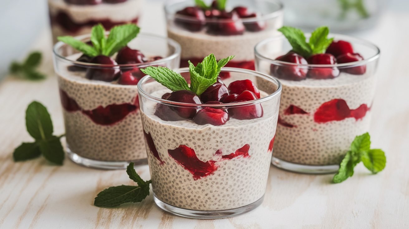 Chilled Cherry Vanilla Chia Cups with cherry compote and mint garnish on a wooden table.