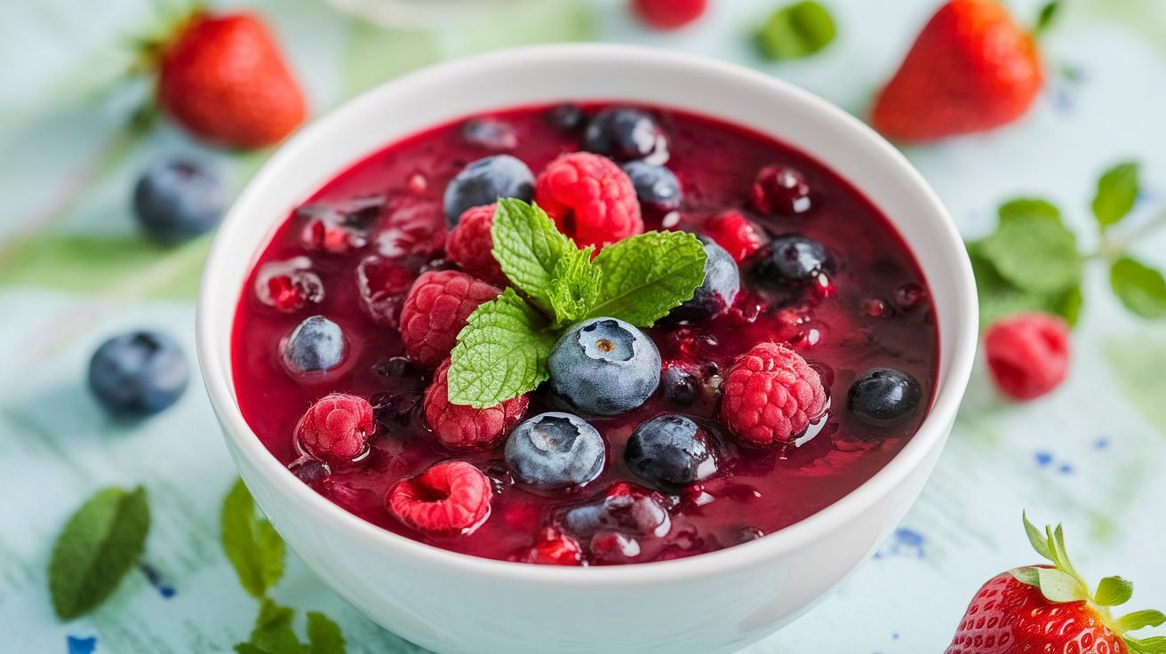 Chilled berry soup in a bowl, garnished with mint leaves, surrounded by fresh berries on a light table.