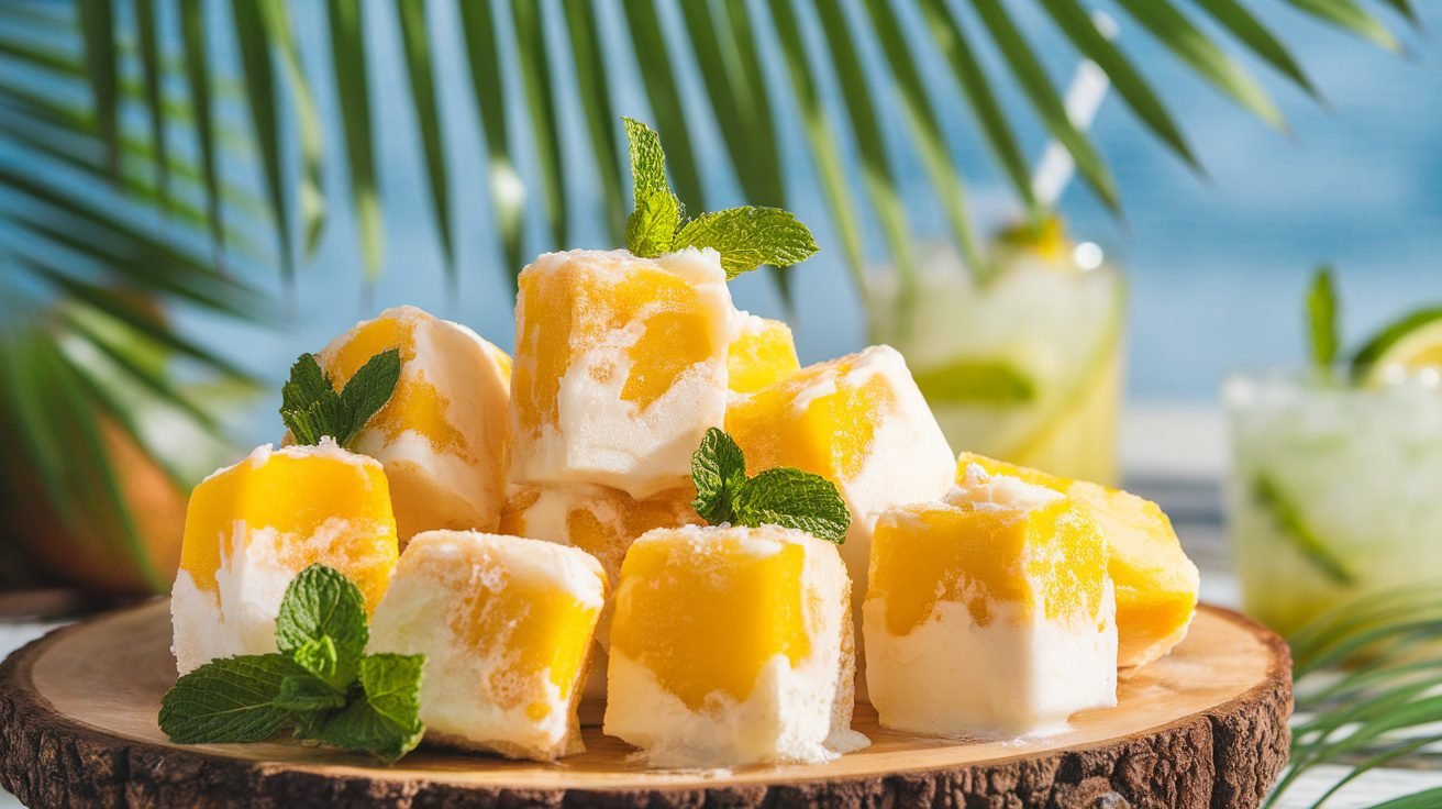 Colorful coconut mango frozen cubes on a platter, garnished with mint leaves in a tropical setting.